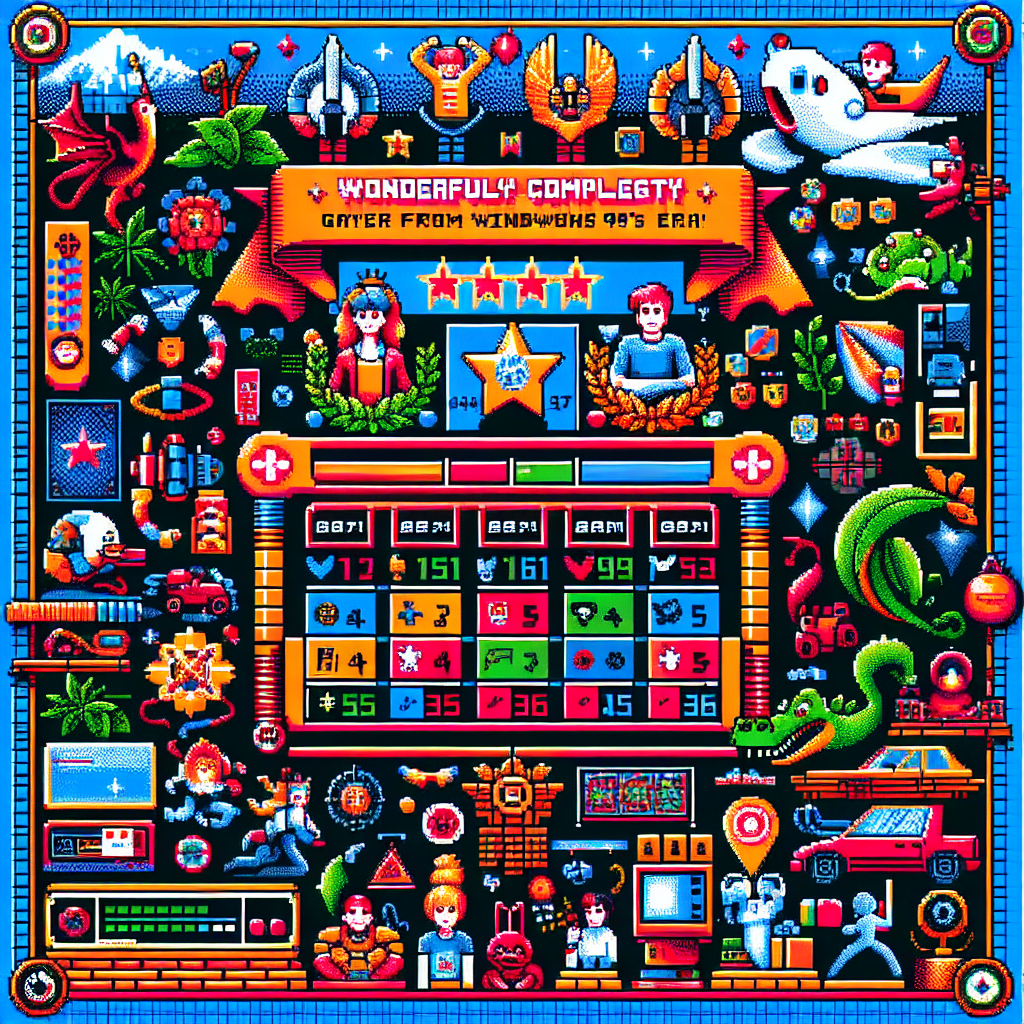 Win95.fun leaderboard interface showing top players across multiple retro games with achievement badges and scores.