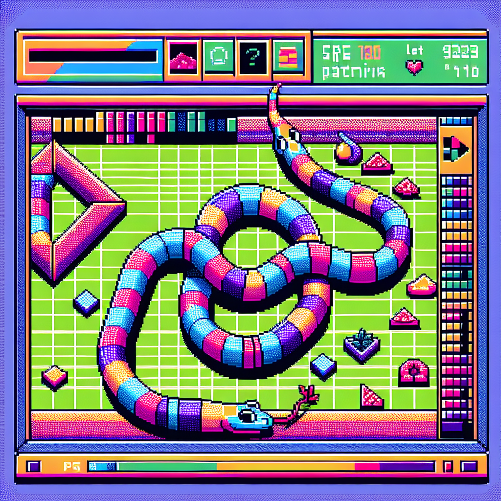 Snake game showing complex movement patterns and strategic food positioning.