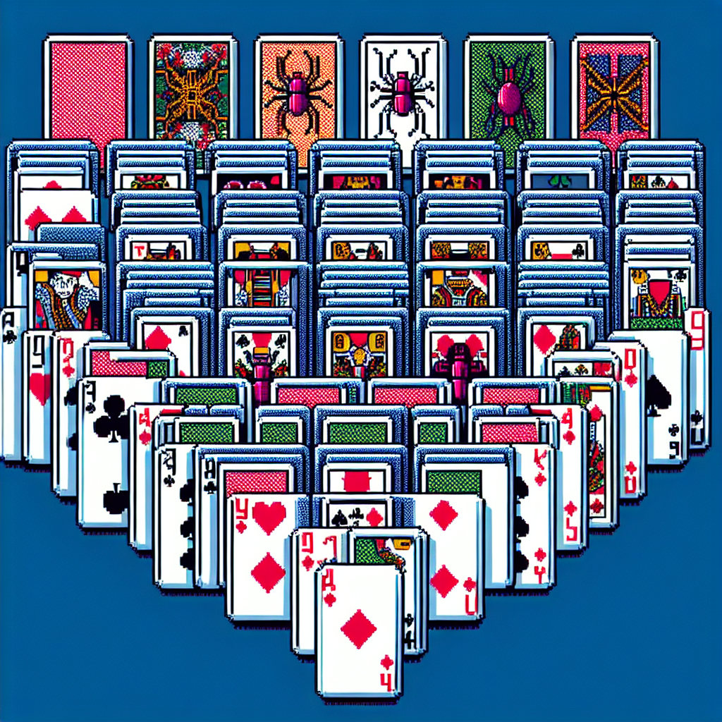 A game of Spider Solitaire in progress showing multiple columns of cards.