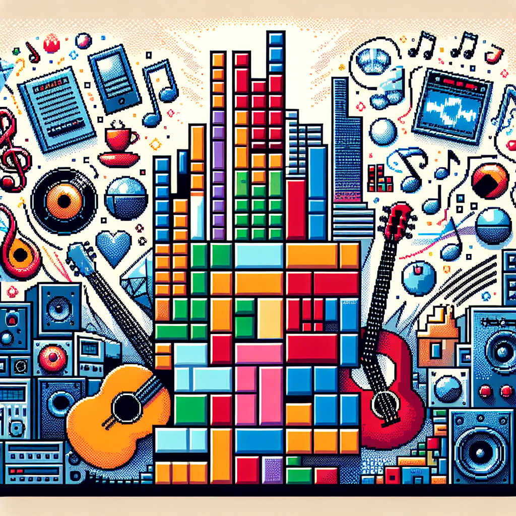 Tetris blocks arranged to show cultural symbols, architecture, and music notes, illustrating the games broad influence.