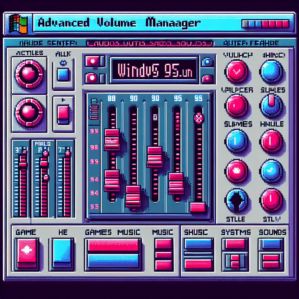 Win95.fun Volume Manager interface showing multiple audio sliders and controls in retro Windows 95 style.